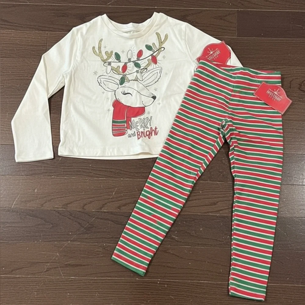 Holiday Time Girls Christmas Reindeer Outfit Set XS 4/5 NWT